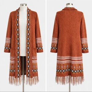 CGYY Boho Southwestern Fringe Long Open Cardigan M/L Rust Orange